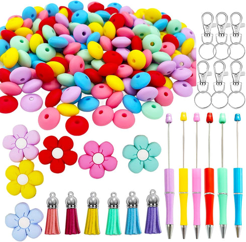 Silicone Beads, 205 Pcs Silicone Beads Bulk Kit 12mm Silicone Beads for Keychain Making, Silicone Beads for Pen Making with 6 Pcs Flower Silicone ...