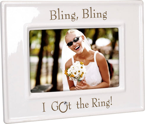 Malden International Designs Glazed Ceramic With Silver Accents Bling Bling I Got the Ring Picture Frame, 4x6, White...