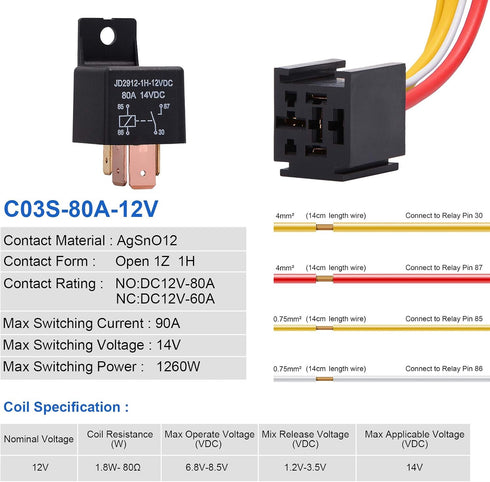 EHDIS 4-Pin Relay With Harness - Car Truck Motor Heavy Duty 80A 12V On/Off Normally Open SPST Socket Plug 4 Wire Automotive Model JD2912-1H-12VDC ...