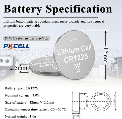 PKCELL CR1225 3V Lithium Battery CR 1225 3V Button Batteries for Thermometer 5-Year Shelf Life (5 Counts)...