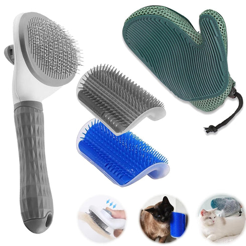4 Pcs Cat Grooming Kit: Self-Cleaning Slicker Cat Brush, Deshedding Glove, and Cat Corner Massagers for Effortless Shedding, Detangling, and Relax...
