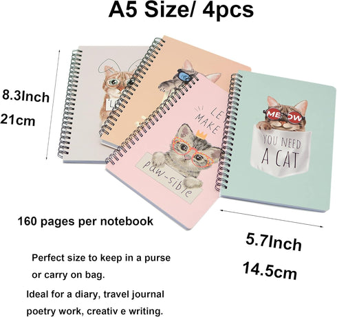 Yansanido Spiral Notebook, 4 Pcs A5 Thick Cat Design Hardcover 8mm Ruled 4 Color 80 Sheets -160 Pages Journals for Study and Notes (Cat)...