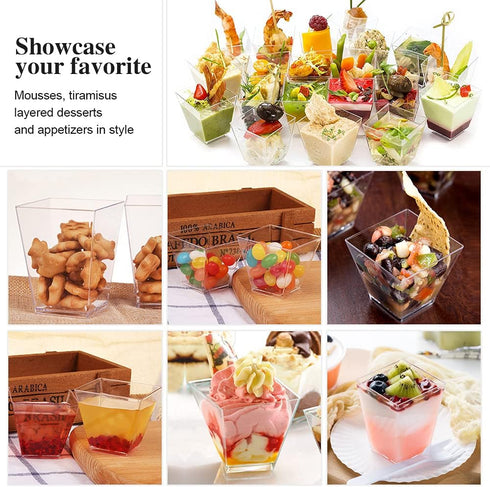 50 Pack 3.5 Oz Plastic Mini Dessert Cups,Square Clear Parfait Cups for Chocolate Desserts, Appetizers,Dessert Samplers,Dessert Shot Glasses & More...