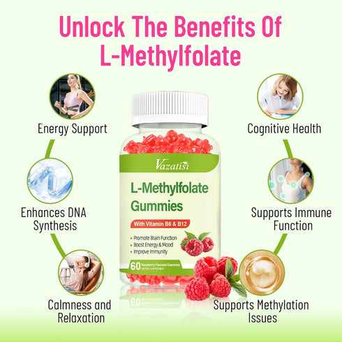 Sugar Free L-Methylfolate 15mg Gummies with Methyl B12, Folate Supplement for Mood, Brain Health, Immune Support - Raspberry Flavor, 60 Count...