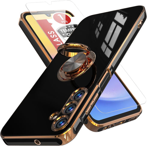 Samsung Galaxy A25 5G Cellular Phone Case with Tempered Glass Screen Protector, Rose Gold Plated Edge, Magnetic Kickstand, Black...