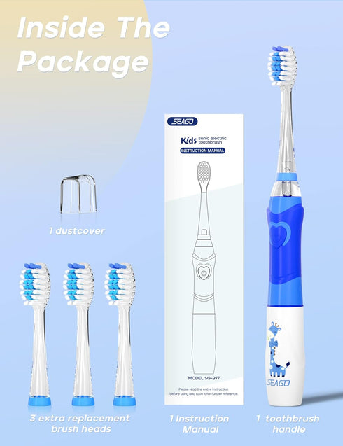 SEAGO Kids Electric Toothbrush with 2 Mins Brushing Timer and 4 Replacement Bursh Heads, Rainbow LED Light make Brushing Fun, Blue Color Boys Batt...