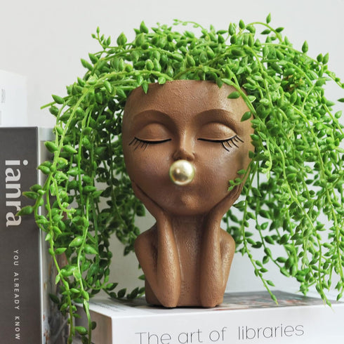 Planters for Indoor Plants Cute Lady Bubble Blowing Head Planter Resin Face Planters Flower Pot with Drainage Hole (Black)...