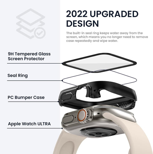 Tensea for Waterproof Apple Watch Ultra2/Ultra Screen Protector Case 49mm Accessories, iWatch Protective PC Face Cover Built-in Tempered Glass Fil...