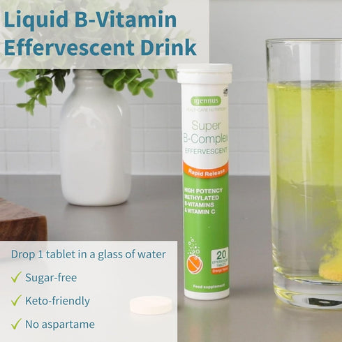 Super B-Complex Liquid B-Vitamin Effervescent Drink, Methylated, Fast Action Energy Supplement, Caffeine-Free, Sugar-Free, Orange Flavor, Vegan, 2...
