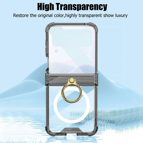 for Samsung Galaxy Z Flip 4 Clear Case with Ring Holder and Hinge Protection,Compatible with Wireless Charger,Slim Fit Transparent Hard PC Shockpr...