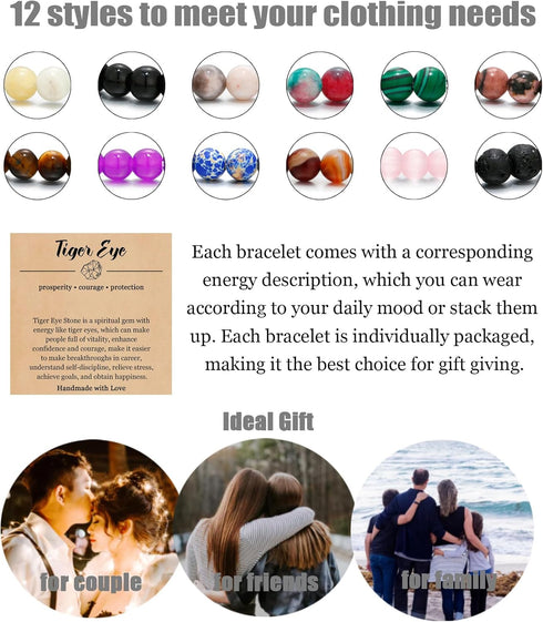 BOMAIL 12PCS 6MM Gemstones Beaded Bracelet for Women Healing Crystal Stone Bracelets Round Beads Semi-Precious Stretch Bracelet Set Unisex Jewelry...