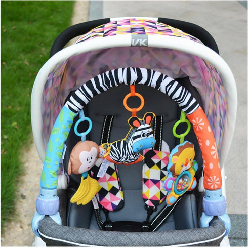 Baby Travel Play Arch Stroller/Crib Accessory,Cloth Animmal Toy and Pram Activity Bar with Rattle/Squeak/Teethers(Stripe)...