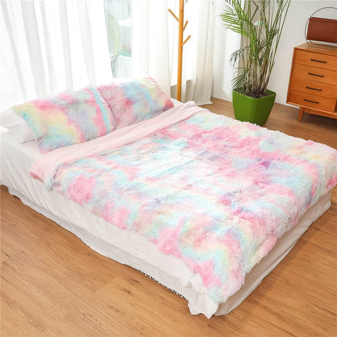 Plush Standard/Queen Pillowcase 2 Pack Rainbow Tie Dye Super Soft Fluffy Faux Fur Shaggy Pillow Cases/Covers Girls Cute Decorative Throw Pillow Sh...