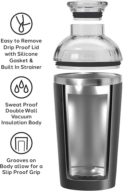 OGGI Groove Insulated Cocktail Shaker-17oz Double Wall Vacuum Insulated Stainless Steel, Tritan Lid has Built In Strainer, Ideal Cocktail Mixer, M...