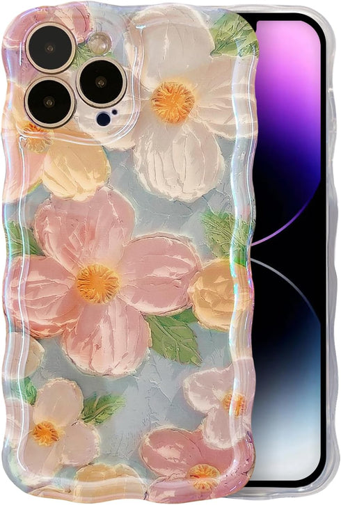 Case for iPhone 14 Pro Max - Vivid Retro Oil Painting, Flower Laser Glossy Pattern, Cute Curly Wave Edge - Exquisite Stylish Durable TPU Protectiv...