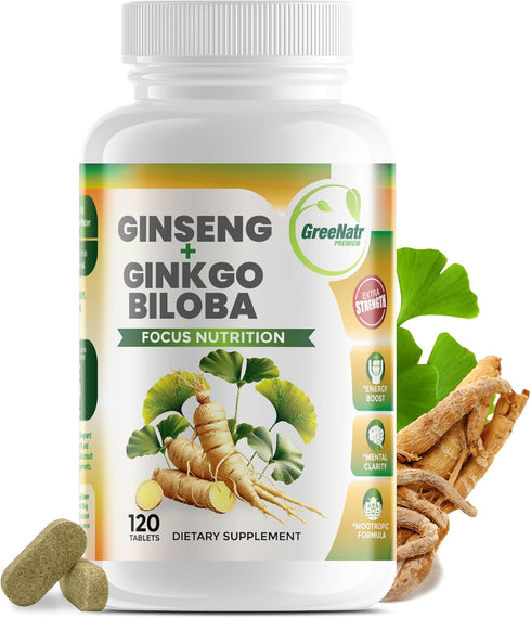 Ginko Biloba & Panax Ginseng Supplement - Red Ginseng Brain Supplement for Memory and Focus - Ginkgo Biloba Supplements for Good Vision, Immune Sy...