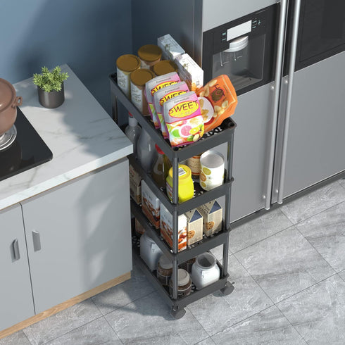 Sooyee 4 Tier Wide Storage Cart Mobile Shelving Unit Organizer Slide Out Storage Rolling Utility Cart Tower Rack for Kitchen Bathroom Laundry, Pla...