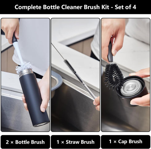 Bottle Brush Cleaner Set of 4, Long Handle Water Bottle Cleaner Brush with Straw Brush and Cap Brush, Bottle Scrubber Dish Brushes for Cleaning Wa...