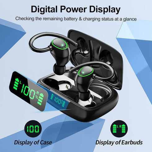 Bluetooth Wireless Headphones Earbuds 60hrs Playback Ear Buds IPX6 Waterproof Stereo Bass Over-Ear Earphones with Earhooks Microphone LED Battery ...