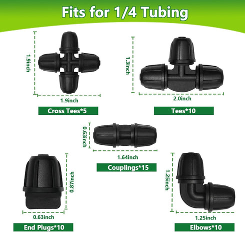 1/4" Drip Irrigation Fittings Kit, 50 Pcs Lock Barbed Connectors for 1/4 Inch Drip Irrigation Tubing - 15 Couplings, 10 Tees, 10 Elbows, 10 End Pl...