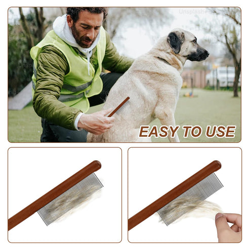 2pcs Grooming Comb for Pets, Solid Wood Cat Combs with Narrow Rounded-Tip Steel Teeth Pet Hair Comb Metal Flea Lice Comb for Cats Dogs Small & Med...