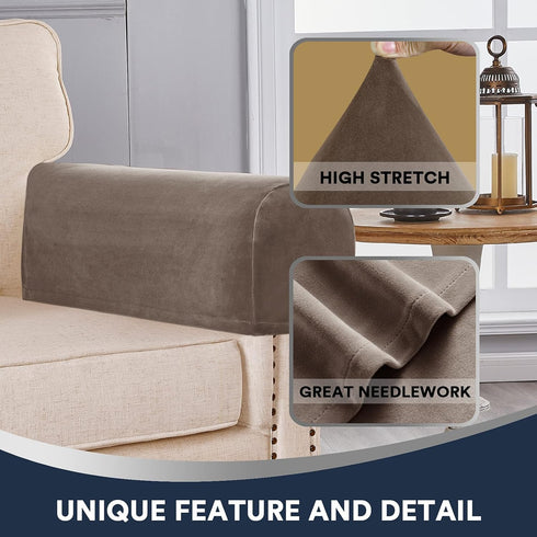 Sofa Arm Covers Stretch Velvet Plush Anti-Slip Couch Armrest Protector for Sofa Couch Chair Recliner, Set of 4, Taupe...