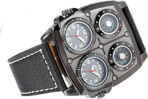 Avaner Mens Punk Watch, Unique Big Face Dual Time Zone Wristwatch, Analog Quartz Leather Strap Sport Watches with Decorative Compass and Thermomet...