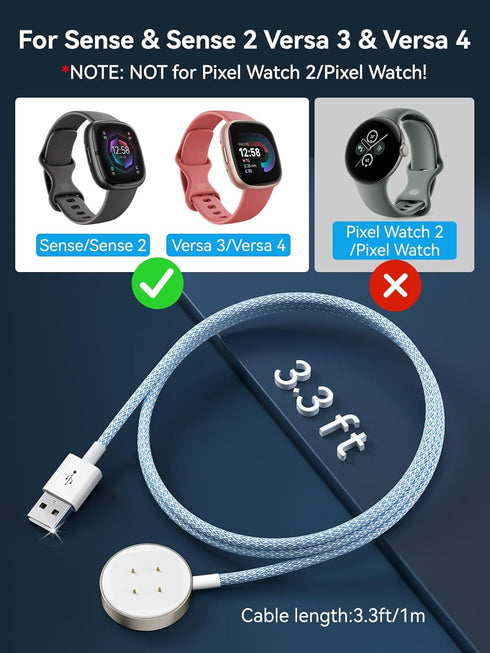 NEWDERY 2-Pack Charger Cable for Fitbit Sense/Versa 3/Sense 2/Versa 4, Durable Premium Braided Cord, Portable Replacement Magnetic Charging Dock f...