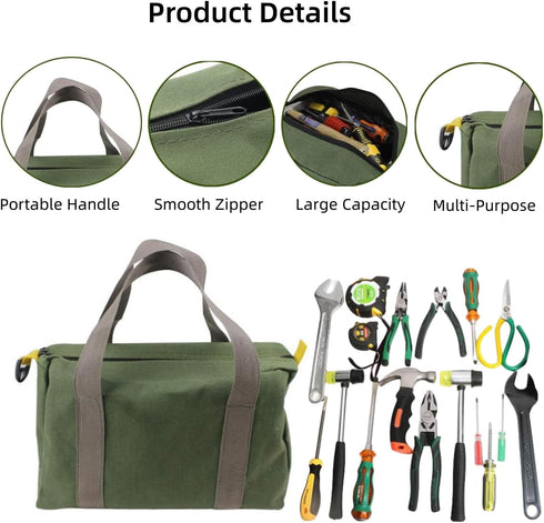 16 Inch Wide Mouth Tool Bag, Canvas Tool Bag, Heavy Duty Tool Storage Bag, Large Capacity Tool Tote Bag for Electricians, Power Tool Organizer Pou...
