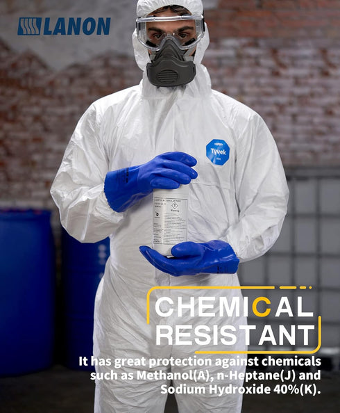 LANON PVC Chemical Resistant Gloves, Heavy-Duty Rubber Gloves, Acid, Alkali and Oil Protection, Non-Slip, Blue, Large...