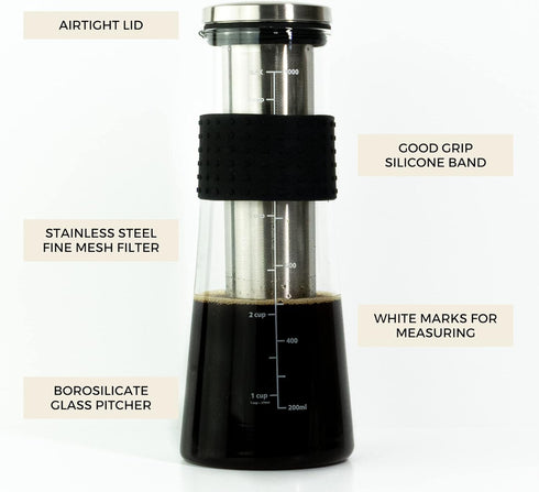 Cafe Crush Club Cold Brew Coffee Maker | Fire Toughened Borosilicate Glass | 304 Stainless Steel Infuser | 1000ml / 34 oz | Cold Brew Iced Coffee ...