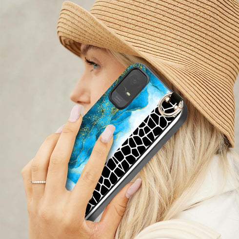 Case for TCL ION V, TCL ION X Phone Case,Fashion Marble Pattern Wrist Strap Stand Case with Tempered Glass Screen Protector Wristband Bracelet Pho...