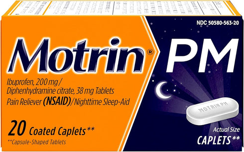 Motrin PM Caplets, 200 mg Ibuprofen & 38 mg Sleep Aid, Nighttime Relief for Minor Pains, 20 ct...