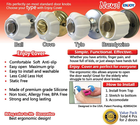 Enjoy Cover - Door Knob Cover Grips Non Slip Arthritis & Senior Living Aids Grippy Easy Open Decorative. Simple Functional Effective Solution- 4 P...