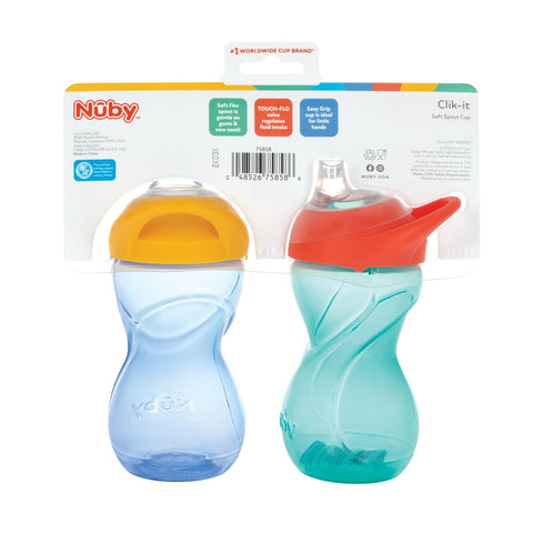 Nuby No-Spill Clik-it Soft Spout 10oz Cup Leak-Proof & Easy-Grip Design with Carabiner Attachment for On-The-Go Hydration, 2 pack, 6+M, Neutral Co...