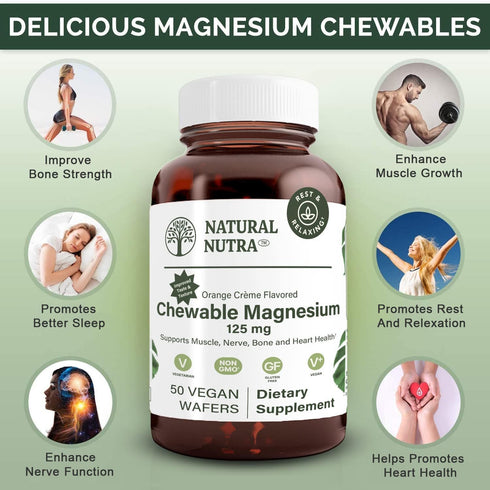 Natural Nutra Chewable Magnesium Supplement with Citrate and Chelate for Kids and Adults, Best Pure Mag Chew for Muscle, Nerve, Bone, and Heart He...