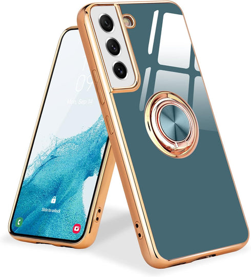 Compatible With Samsung Galaxy S21 Case, Finger Ring Holder With Rose Gold Plating Design for Women Girls, Rotating Kickstand, Magnetic Shockproof...