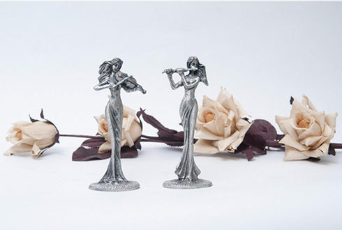 SEHAMANO Set of 2 Girls Playing Violin and Flute Figurine, Metal Sculpture Accent Piece, Ornament, Old-Fashioned Decorative Object for Home, Offic...