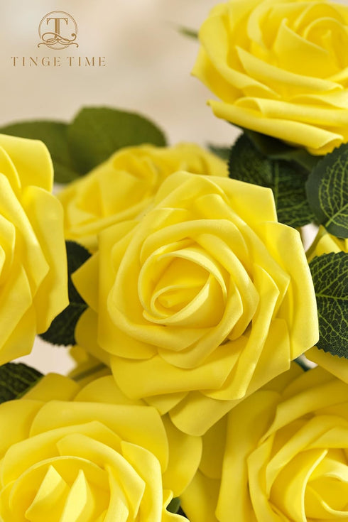 TINGE TIME Yellow Flowers Artificial Rose 25pcs Realistic Fake Roses for DIY Wedding Bouquet Baby Shower Centerpiece Floral Arrangement Party Home...