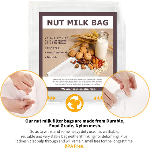 SCENGCLOS Nut Milk Bags, 12"x12", 2 Pack, Reusable Nylon Food Strainer, Multi-use Food Grade Filter for Almond Milk, Juice, Tea, Cold Brew Coffee(...