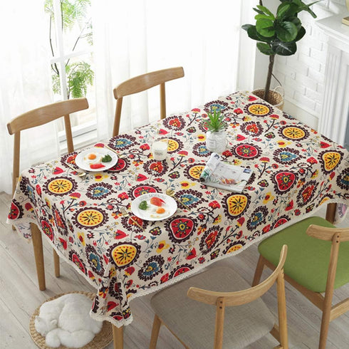 Aothpher Modern Boho Floral Jacquard Washable Tablecloths with Lace for Dining Table, 54x70 Inches...