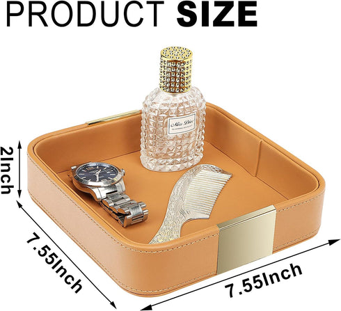 SANZIE Luxury Leather Desktop Storage Small Catchall Organizer Decorative Tray for Entryway Table to Hold Jewelry Watch Cosmetics Keys Phone Walle...