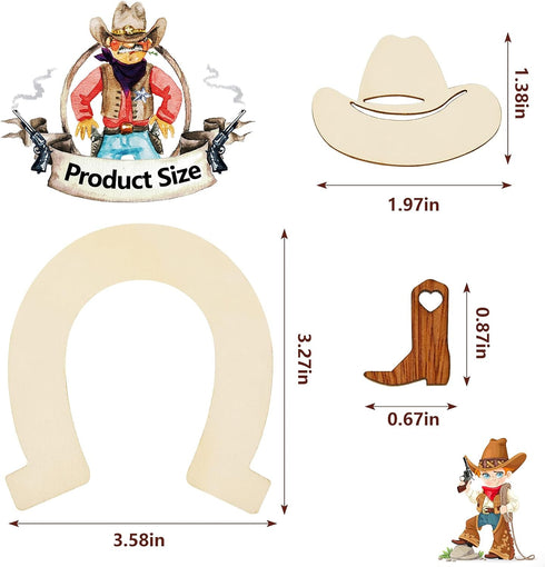 72 Pieces Unfinished Cowboy Wooden Cutouts Horseshoe Shape Wood Discs Slices Wood Cowboy Boot Hat Cutouts Wood Cowboy Theme Crafts for Western Cow...