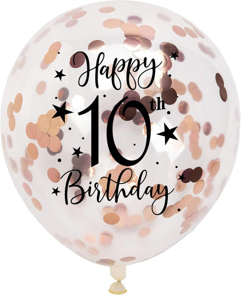 Rose Gold 10th Confetti Latex Balloons, Girls Happy 10 Years Birthday Party Balloon Decoration With Confetti, 12in, 16 Pack...