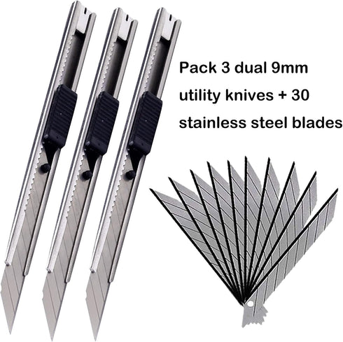 9mm Snap Off Utility Knife 3 Pack High Hardness Retractable Box Cutters with 30 Pcs Snap Off Blades,Art Craft Hobby Cutter 9mm Knife for Home Offi...