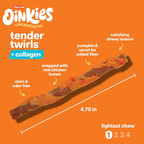 Oinkies Chickentastic Tender Twirls + Collagen to Support Skin & Joints, Made with Real Chicken Breast, Pumpkin & Carrot, Long-Lasting & Rawhide-F...