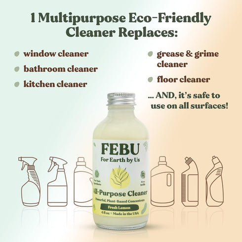 FEBU All Purpose Cleaner, Fresh Lemon, 4oz | Powerful Natural Cleaner Concentrate With Essential Oils | Makes 192 Fl Oz of Multipurpose Cleaner | ...