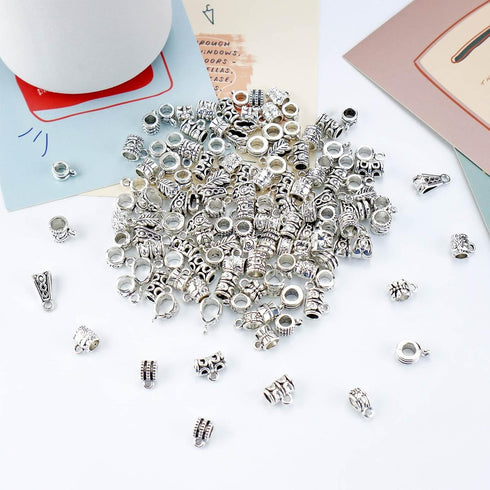 JIALEEY 125 Piece Mixed Antique Tibetan Silver Bail Tube Beads, Bail beads, Spacer Bead, Bead Hanger Fit Charm European Bracelet Pendant Jewelry M...