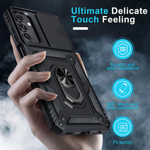 Janmitta for Samsung Galaxy A15 5G Case Built in Slide Camera Lens Cover+Screen Protector+Finger Ring Holder Kickstand,Heavy Duty Shockproof Full ...