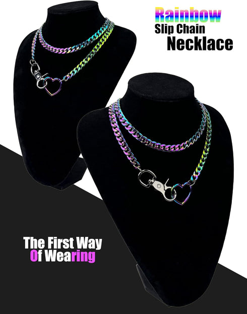 paloli Women's Slip Chain Rainbow Heart O-Ring Chunky Chain Necklace, Rays Cuban Long Layered Jewelry, Adjustable Lariat Y-Necklace Heart Loop Cho...
